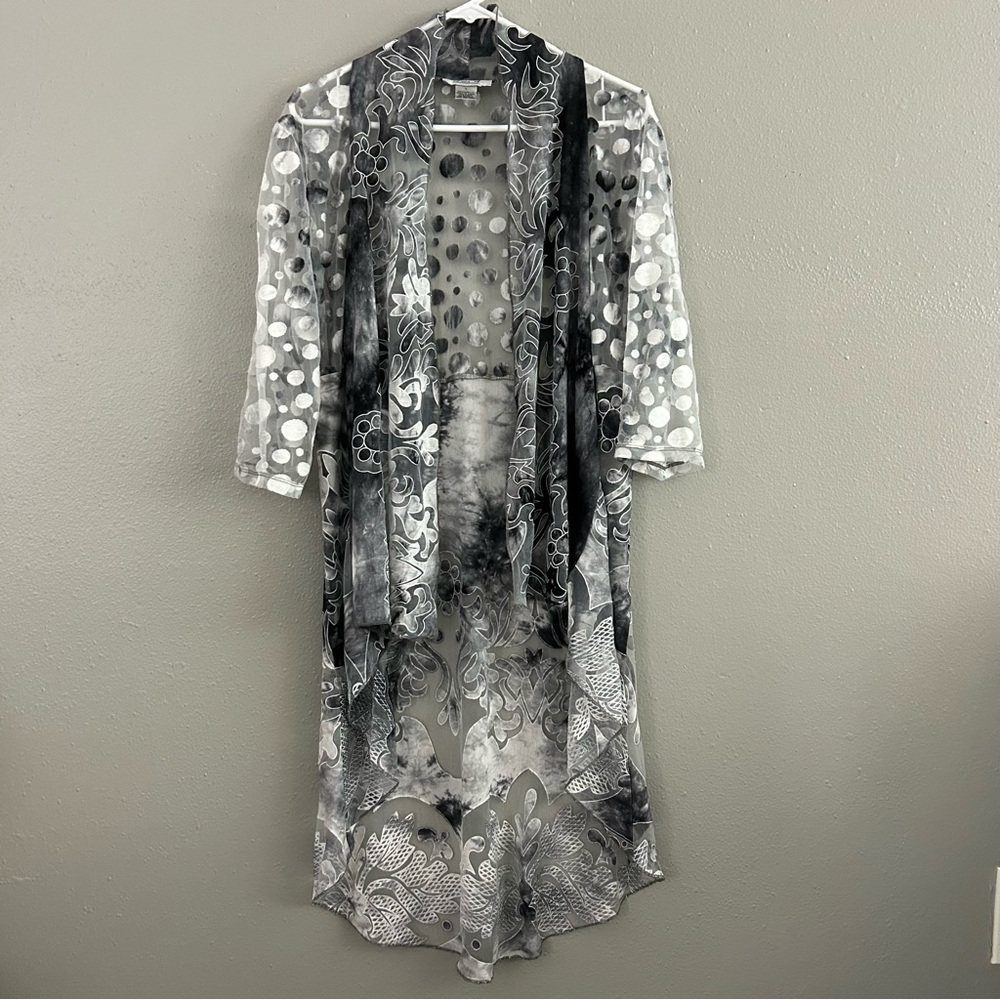 Anis A. Sheer Open Front Duster Cardigan Size L Boho Artsy Abstract Grey White